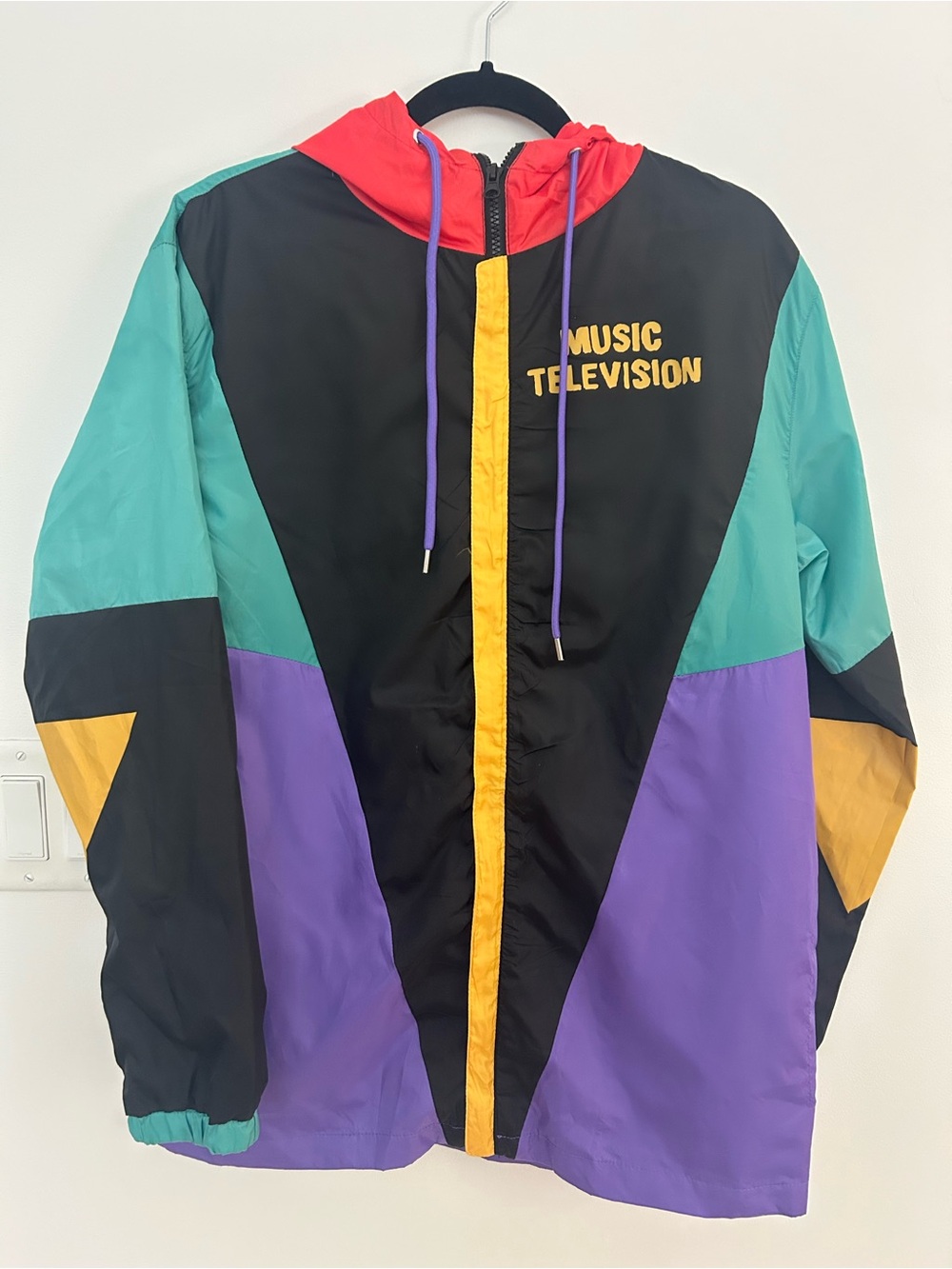 MTV Windbreaker Jacket Womens Small Colorblock Hooded Retro 80s 90s Style